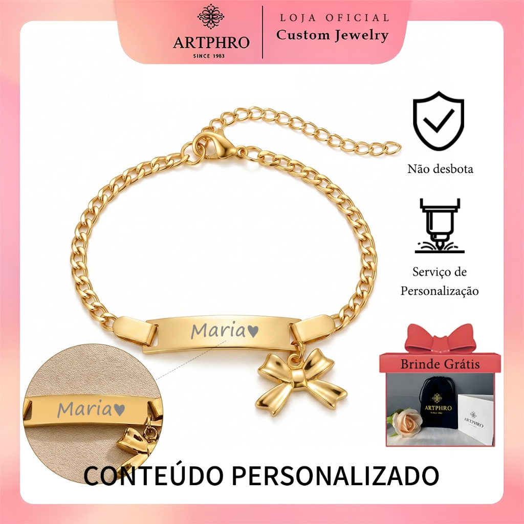 ARTPHRO Pulseira Feminina Personalizada com Gravação, Aço Inoxidável, Design Curvo, 15cm + 5cm de Extensão, Presente