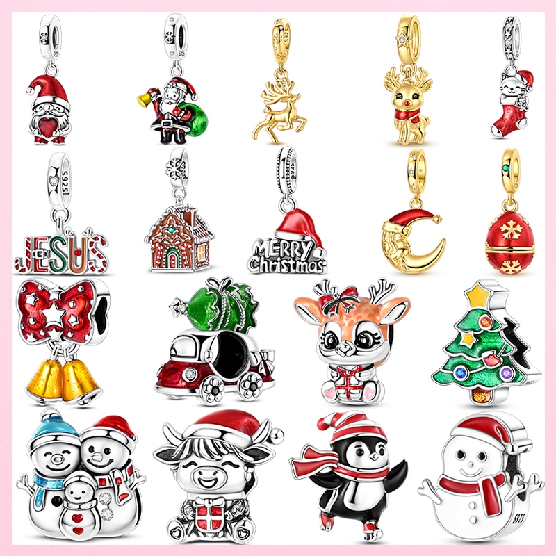 Venda Quente 925 Prata Esterlina Charme De Natal-Santa Rena Boneco De Neve Árvore Pingente Caber Pulseiras Femininas Col