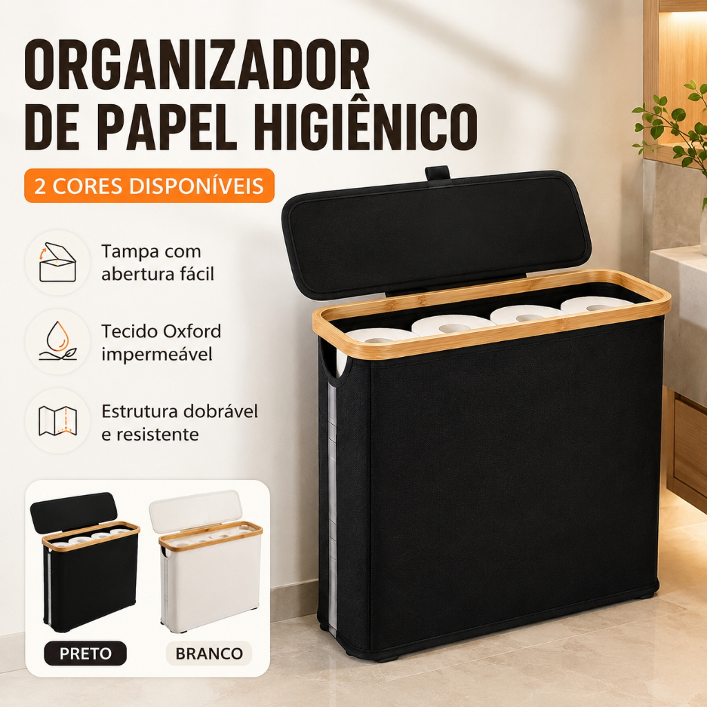 Suporte de papel higiênico de bambu com tampa cesta de armazenamento de banheiro preto branco opcional