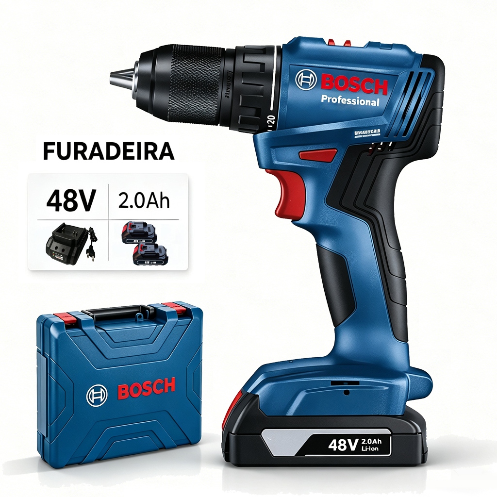 Parafusadeira Furadeira de Impacto 48V Bateria Profissional 54Nm  Kit Com Maleta e Acessórios