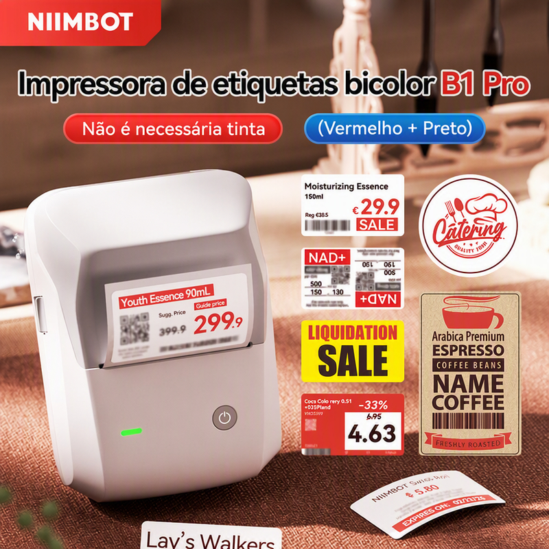 Niimbot B1Pro Impressora de etiquetas vermelha e preta para fotos, 300 dpi, impressora de etiquetas de preço