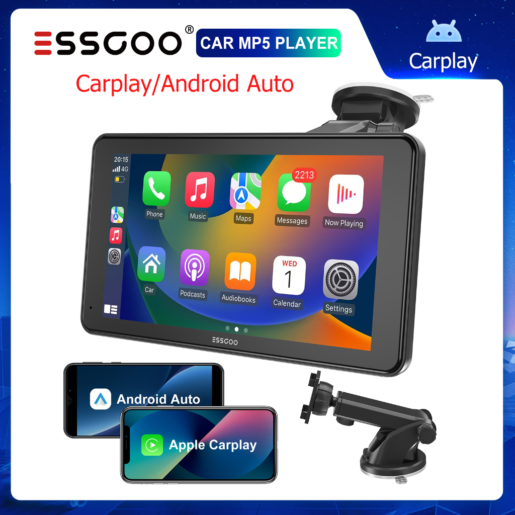 ESSGOO Reprodutor Multimídia Carplay Sem Fio FHD 7 Polegadas De Carro Portátil Android Auto Bluetooth IPS 2.5D Tela De T