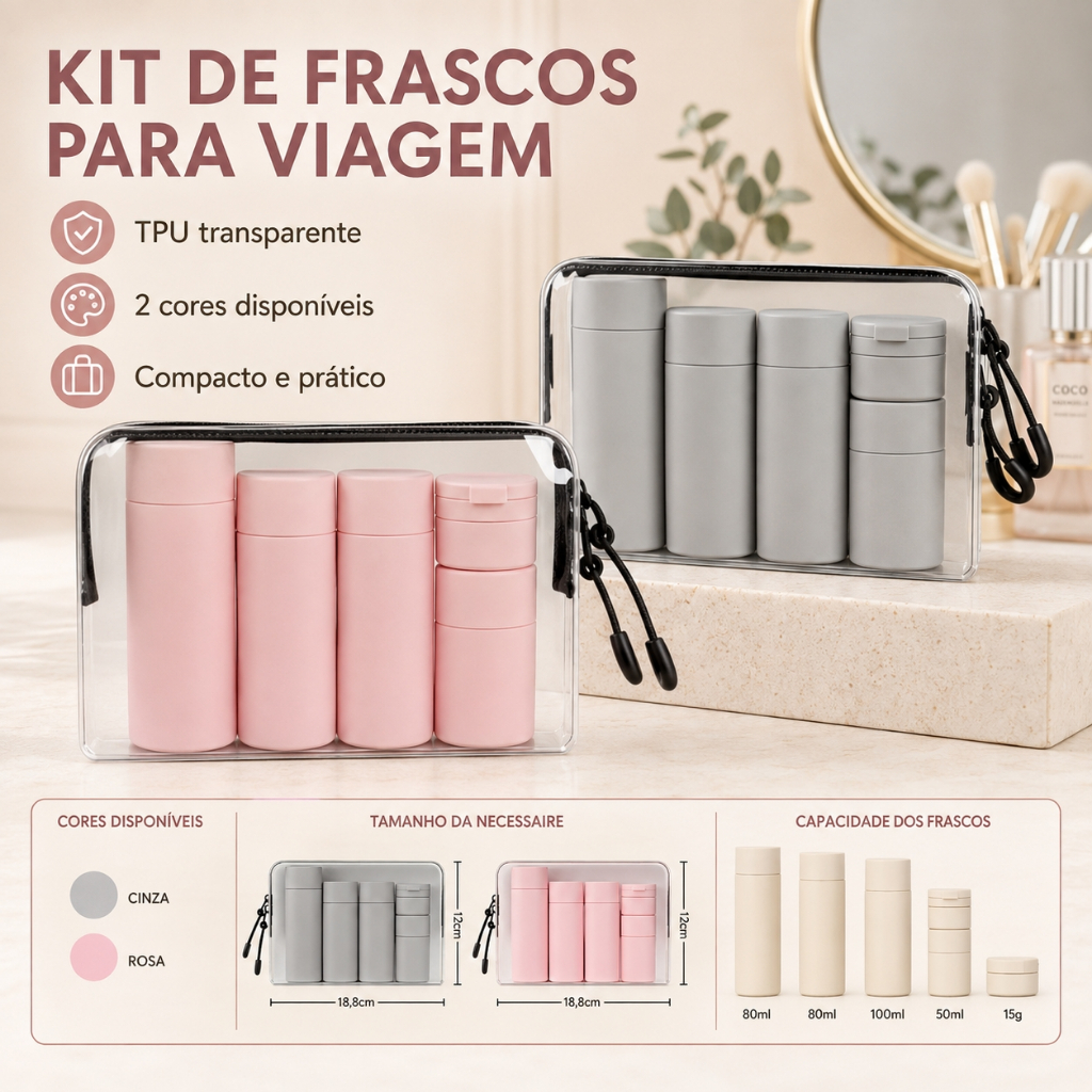 Kit 5 Frascos De Viagem PE Alta Qualidade Para Cosméticos Skincare Shampoo Sabonete Líquido