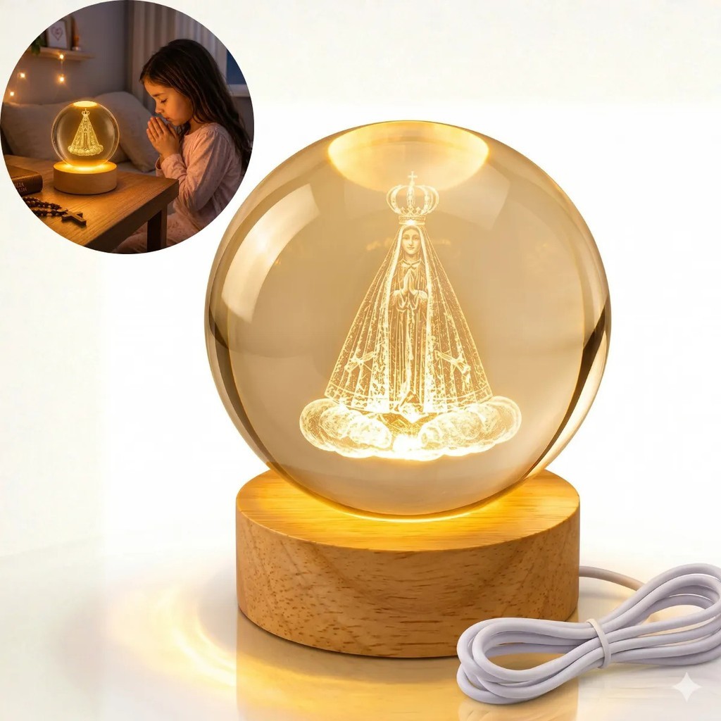 Luminária Abajur Mesa Bola de Cristal Nossa Senhora Aparecida Luz LED 3D Decorativa Esfera Bivolt Vidro
