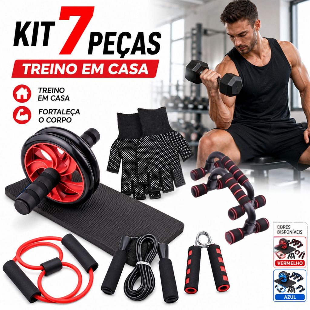 Kit Fitness 7 em 1 Roda Abdominal Flexão Corda Elástico Hand Grip Tapete Treino em Casa Luvas