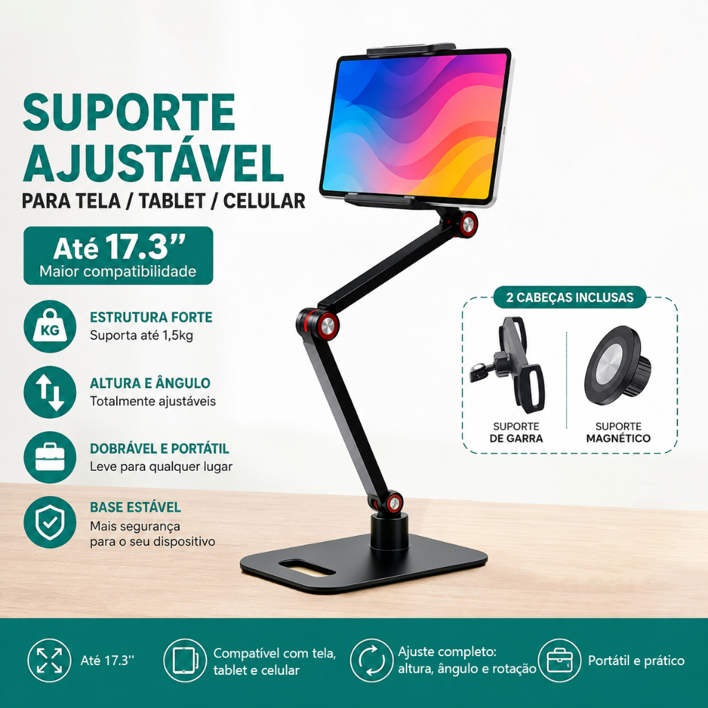 Suporte Universal 17.3" Celular Tablet Monitor Portátil com 2 Cabeças Garra e Magnético Articulado Ajustável