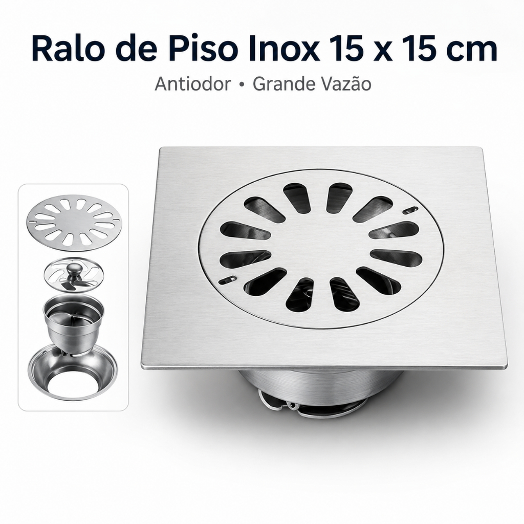 Ralo Banheiro Inteligente Anti Odor 15X15 cm Inox Anti Inseto quadrado
