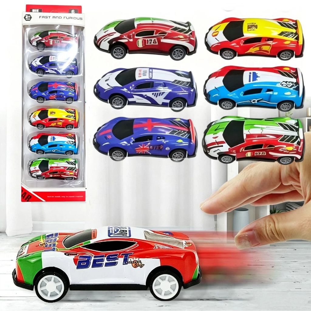 🚗 Kit 6 Carrinhos Metal miniatura Relâmpago Pull Back Fricção | Brinquedo Infantil Resistente Colecionável