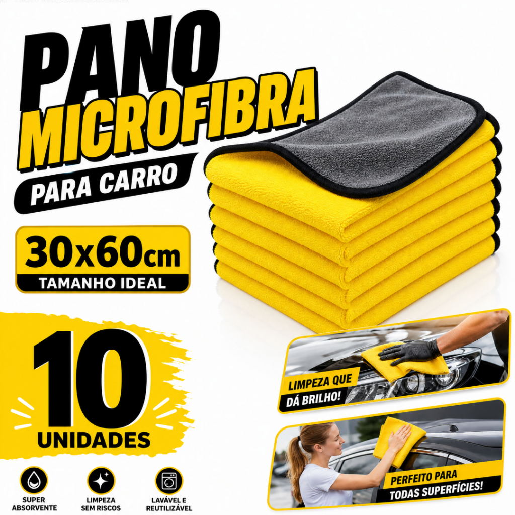 Kit 10 Flanela Microfibra Automotiva 30x60 600GSM Premium Para Lavagem de Carro