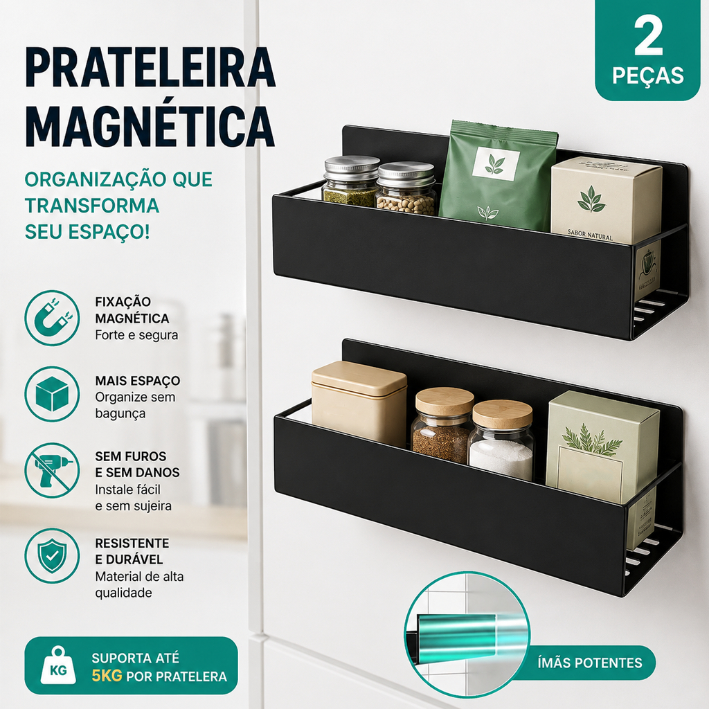 Kit 2 Prateleira Magnética Para Geladeira Organizador Cozinha Rack Suporte Multiuso Temperos