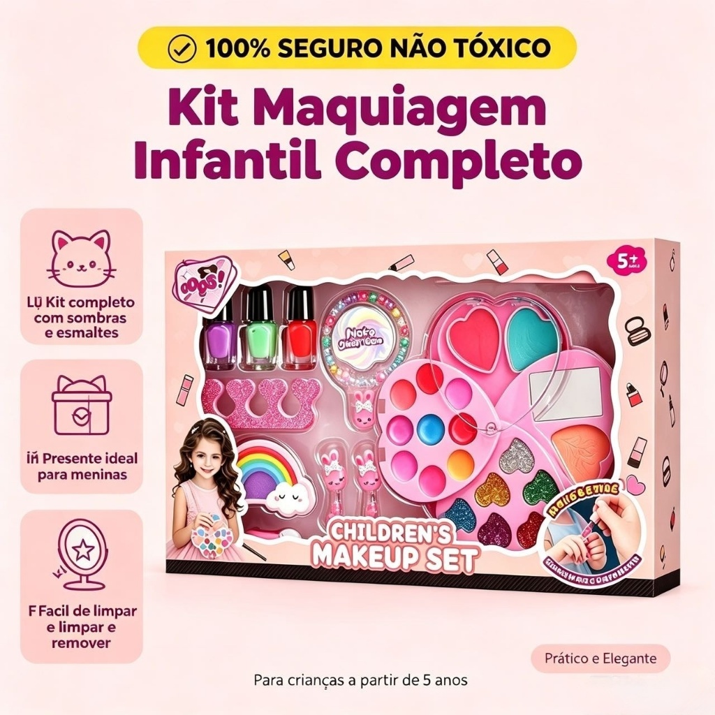 Kit Maquiagem Infantil Completo Estojo Rosa Seguro Não Tóxico Presente para Meninas