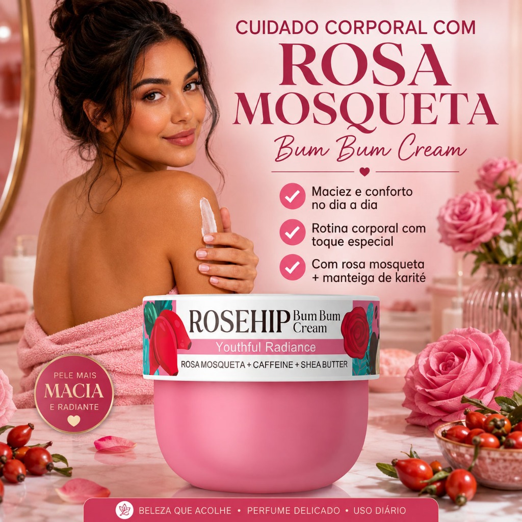QUIYUM Creme Para Bumbum Rosa Mosqueta 30g - Hidratante Corporal Feminino com Rosehip e Cafeína - Pele Macia