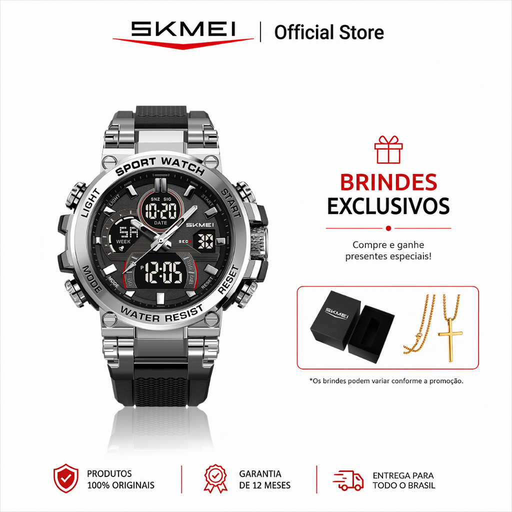 ✨✨✨SKMEI 2500 Relógio Masculino Analógico Digital Esportivo Grande Dupla Tela Luz LED 5ATM Três Fusos Multifunção