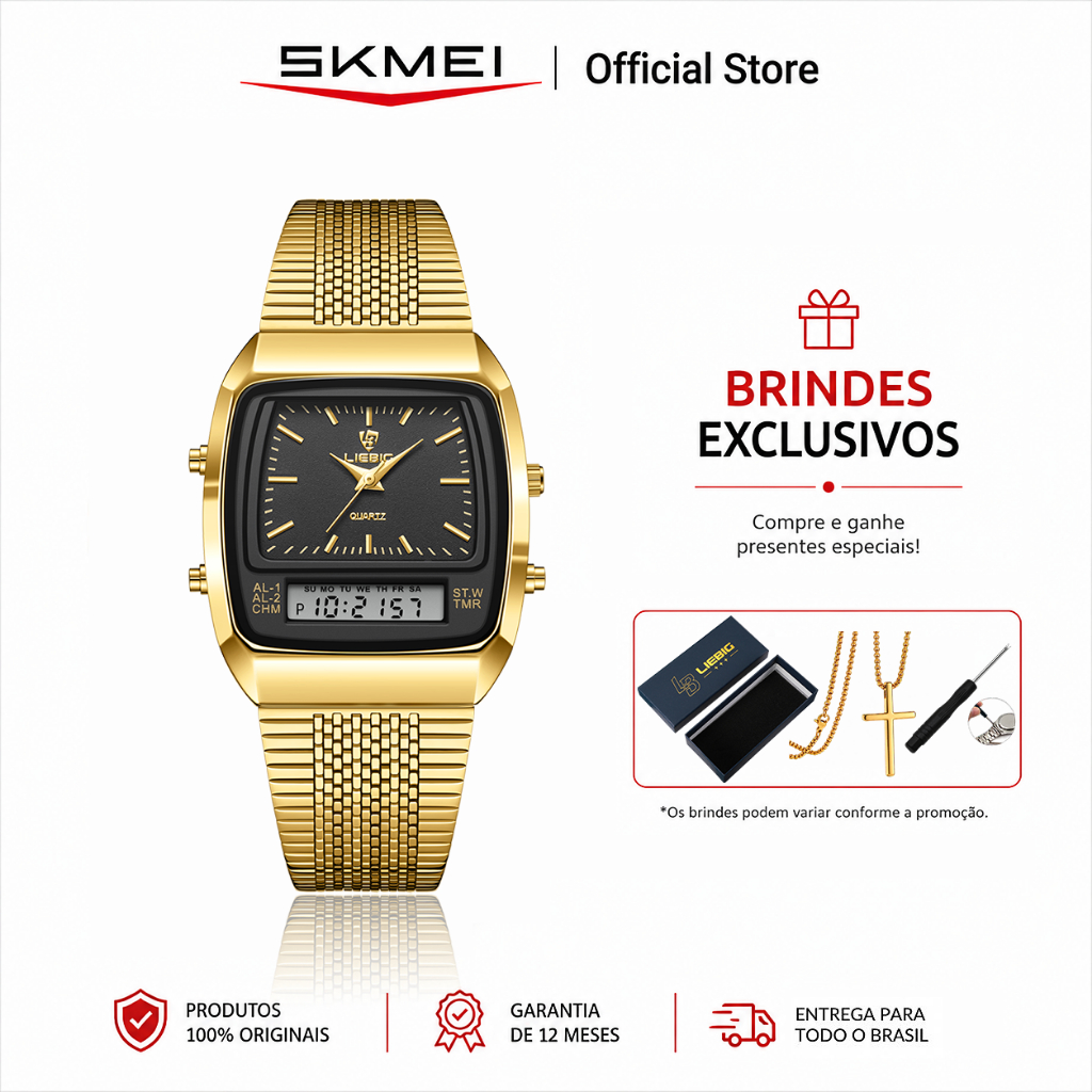 Imagem SKMEI Relógio Masculino Vintage Quadrado Analógico Digital Dourado Aço Inoxidável Quartzo Retrô