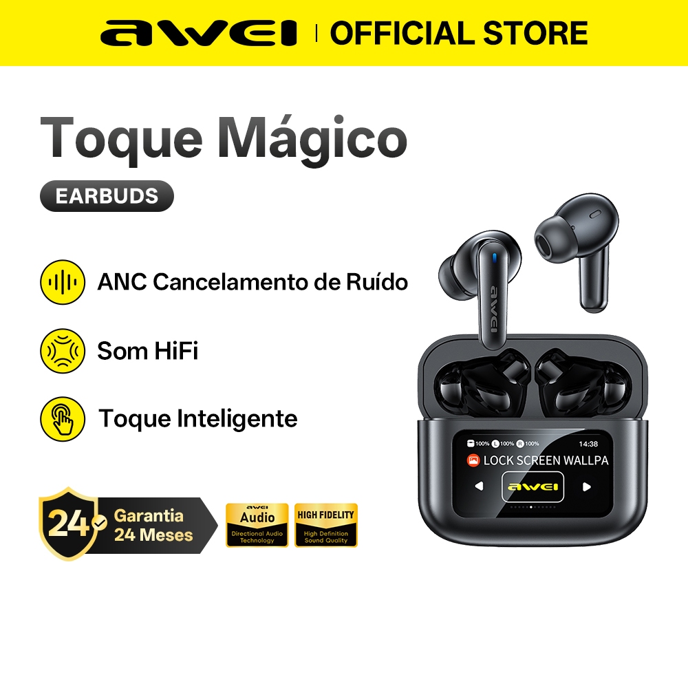 Fone de Ouvido Awei T56 Bluetooth ANC Cancelamento Graves Potentes Sem Fio Tela Touch Colorida Até 300h de Reprodução