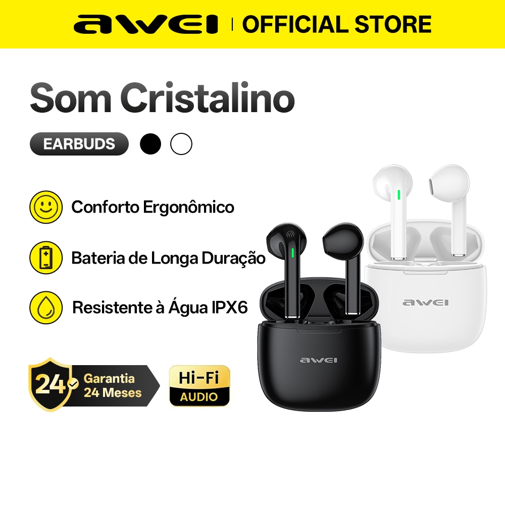 Fone de Ouvido Awei T26 Pro TWS Bluetooth 5.3 fone a prova d água IPX6 Toque inteligente Estéreo HiFi 300mAh bateria