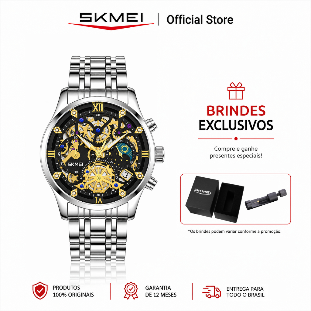 Imagem SKMEI Relógio Masculino Analógico Quartzo Mostrador Esqueleto Calendário 3ATM Pulseira Aço ou Couro