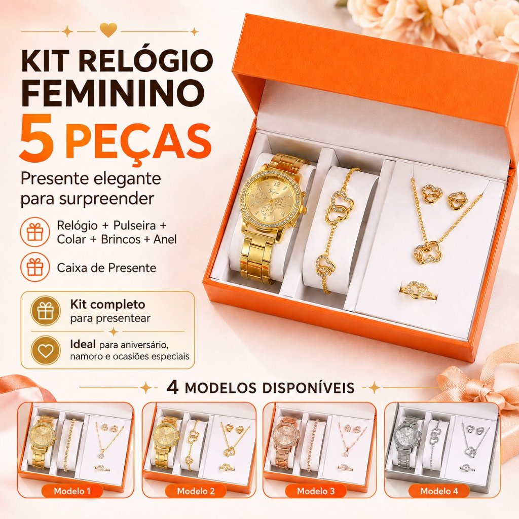 Conjunto De Joias De Relógio De Luxo Feminino Com Pulseira Colar Brincos Caixa De Presente Elegante Moda Pulso De Quartz