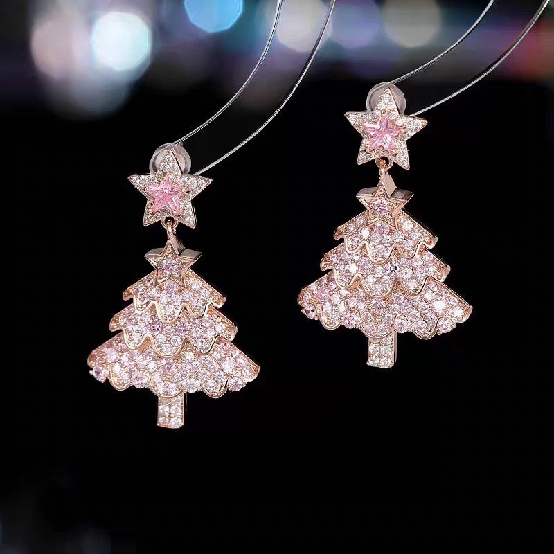 Europeu americano brincos de natal colorido diamante árvore de natal brincos oco Flash diamante longo árvore de natal br