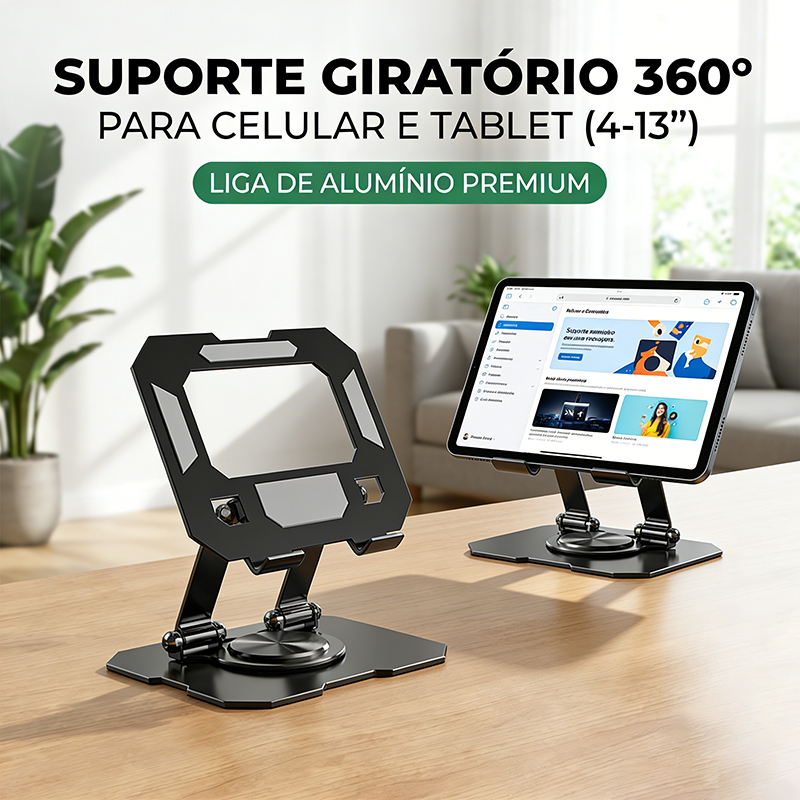 Suporte de Mesa Dobrável 360° Giratório para Celular e Tablet, Compatível com Dispositivos de 4 até 13'' Ajustável