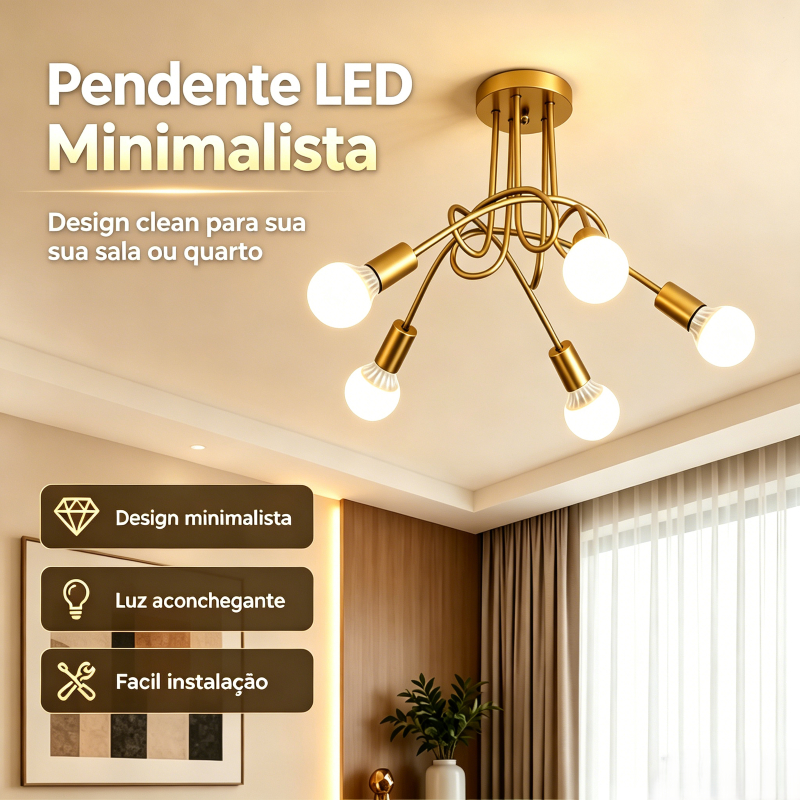 Lustre Pendente Assimétrico Laço 3 Soquetes E27 Luminária de Teto Decorativa para Sala Salão e Cozinha