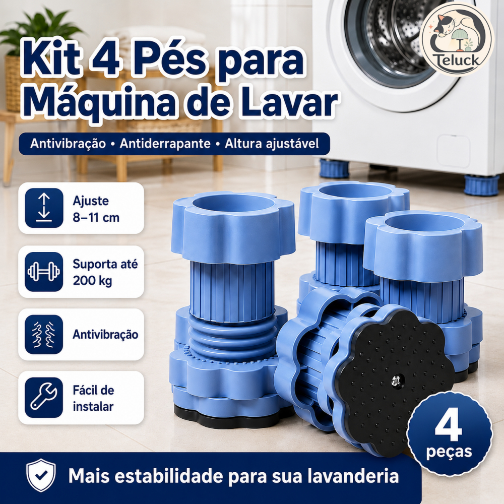 Kit 4 Pés Niveladores Ajustáveis para Máquina de Lavar 8–11cm Rosqueáveis