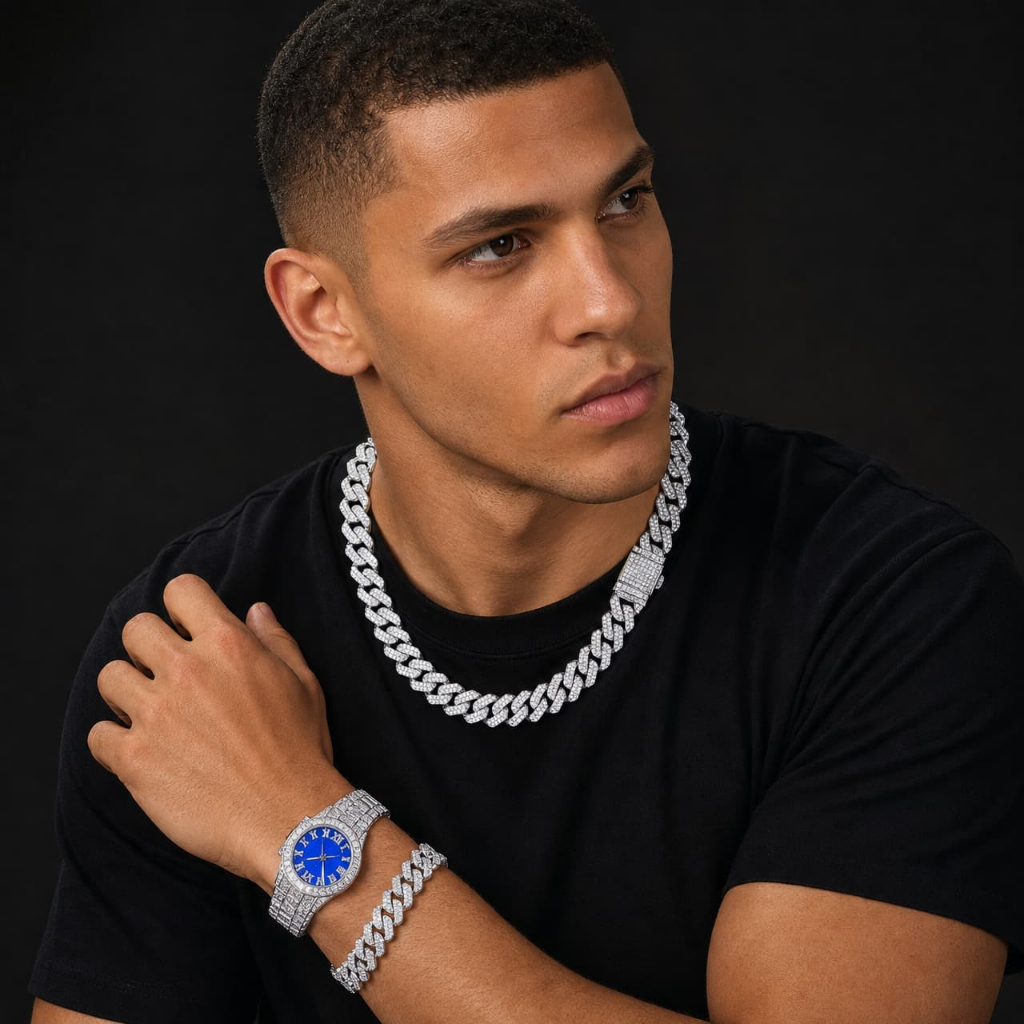 Novo Corrente Cravejada Hip Hop Iced Conjunto Colar Corrente Cubana 14mm Conjunto Relógio Pulseira Diamantes Moda Colar 