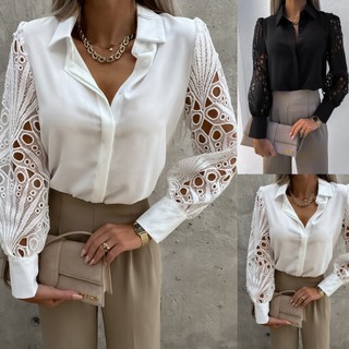 Blusa Feminina Elegante De Manga Longa Borboleta Impressão Com Rufos E Blusas De Renda Branca Vestuário Social