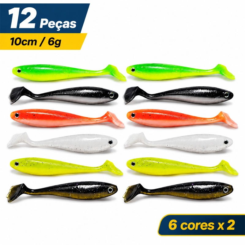 Kit 12 Isca Artificial Soft Shad 10cm 6g Pesca Tucunaré Traira Robalo Dourado Tralha de Ouro