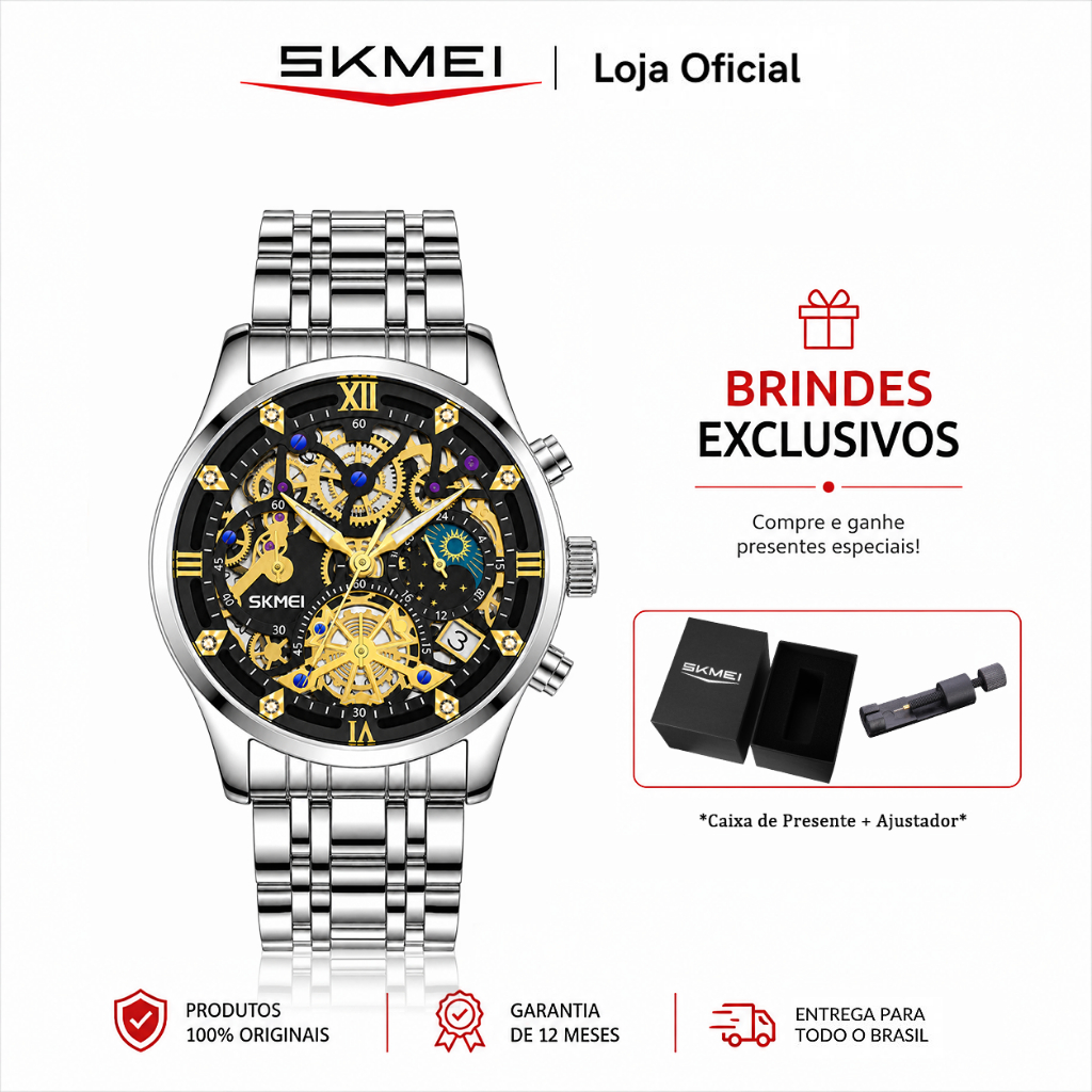 SKMEI 7039 Relógio Masculino Analógico de Quartzo Mostrador Esqueleto Pulseira de Aço Inoxidável Preto Data