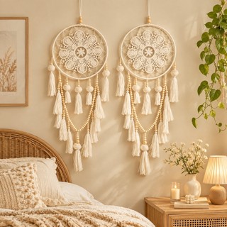 Conjunto Boêmio De Apanhador De Sonhos Macrame , 2 Peças , Decoração De Suspensão De Parede Com Borla De Algodão Tecida 