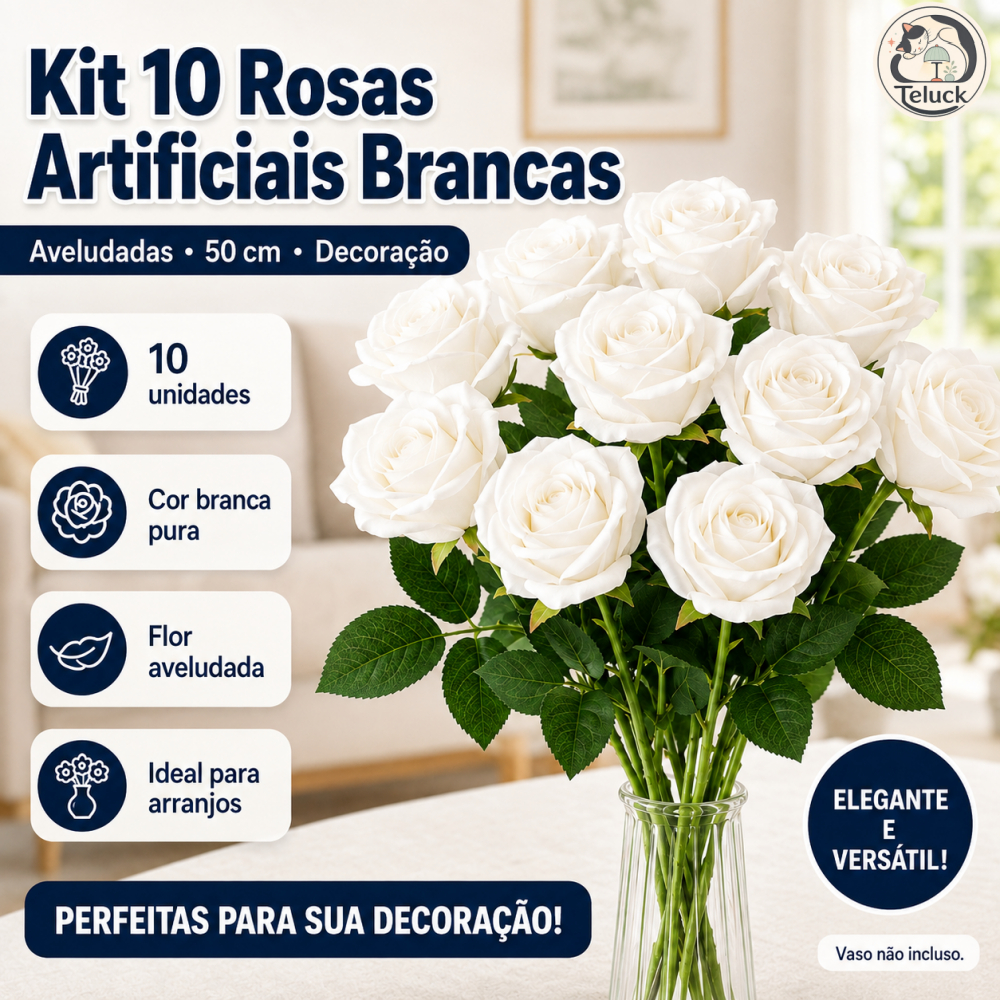Kit 10 Rosas Artificiais Aveludadas 50cm Branca ou Vermelha para Decoração e Buquês