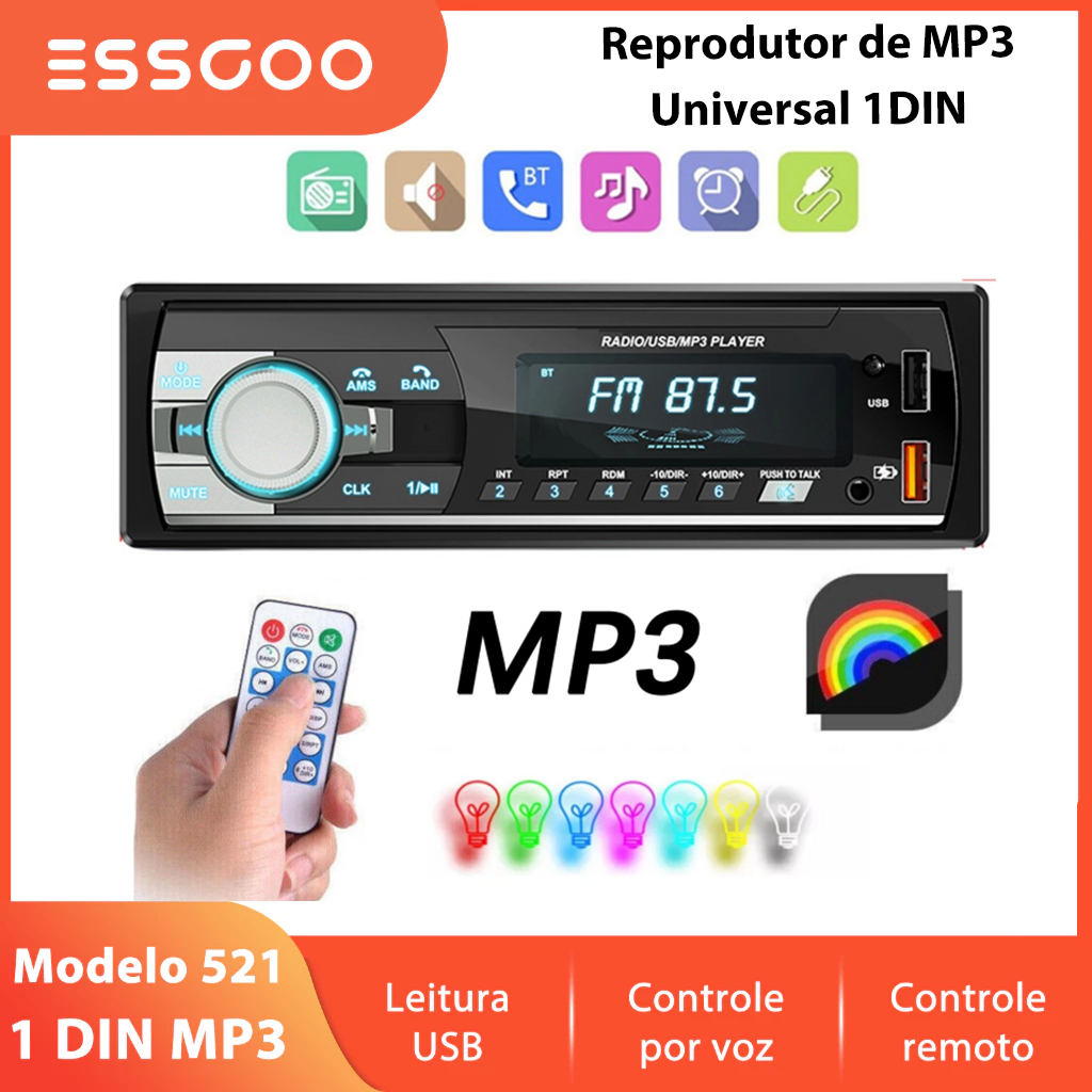 ESSGOO 1 Din MP3 Car Player Rádio 7 Cores De Luz De Fundo Reprodutor Multimídia USB Música AUX Receptor FM Bluetooth