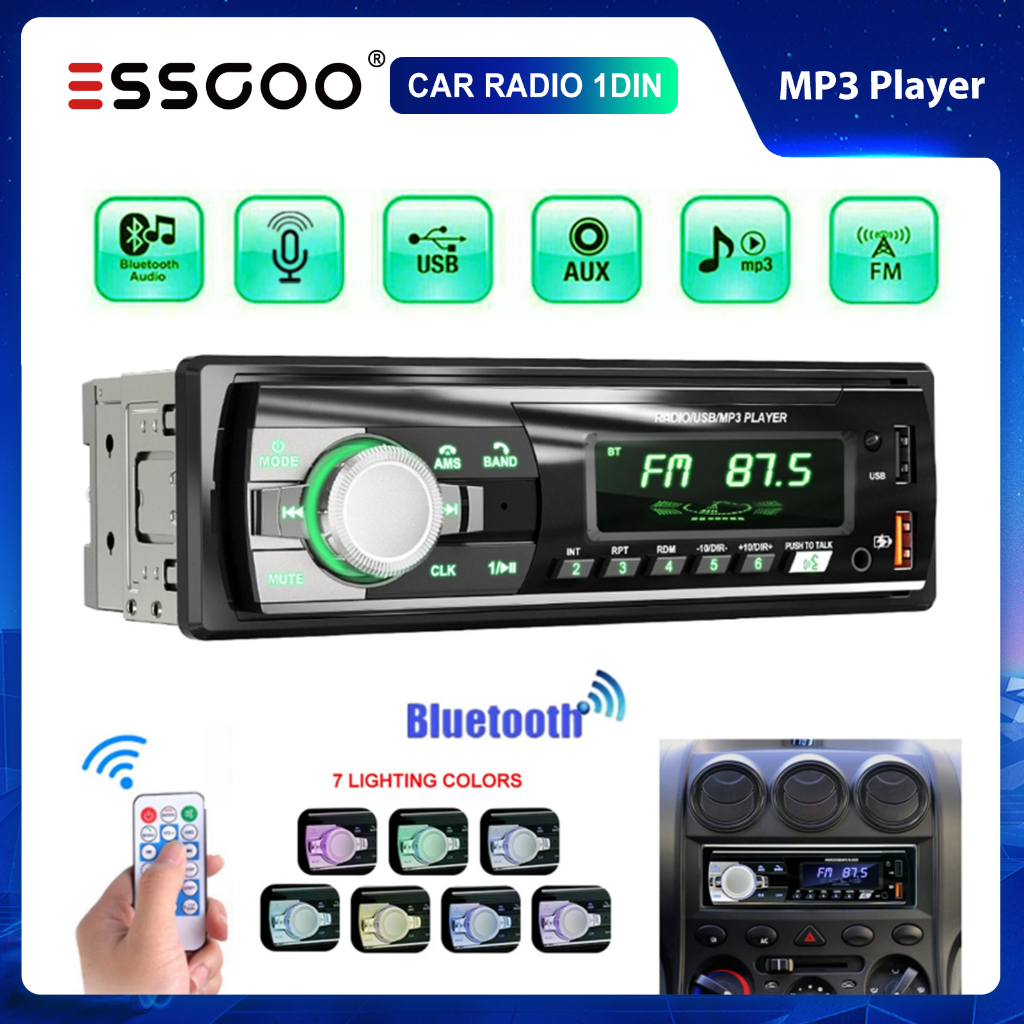ESSGOO 1 Din Car MP3 Player Unidade Multimídia Dual USB AUX Rádio FM Bluetooth Handsfree 7 Cores De Luz De Fundo
