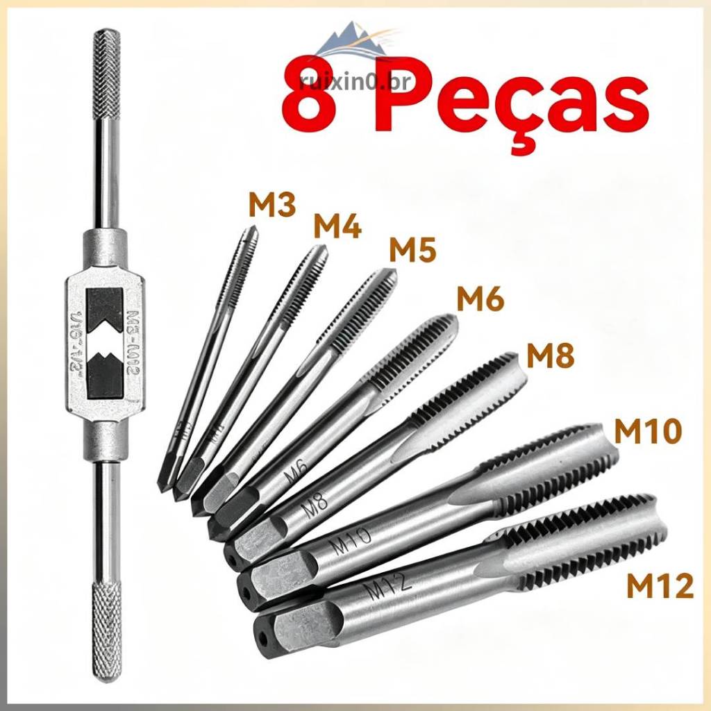 Jogo De Macho Com Vira Macho 8 Pças M3 A M12 Pra Abrir Rosca