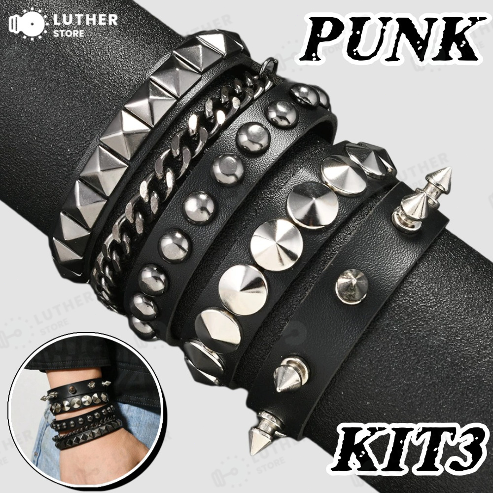 Pulseiras Y2K Cyberpunk - Conjunto de Pulseiras de Couro com Studs e Espinhos, Estilo Alternativo e Moderno