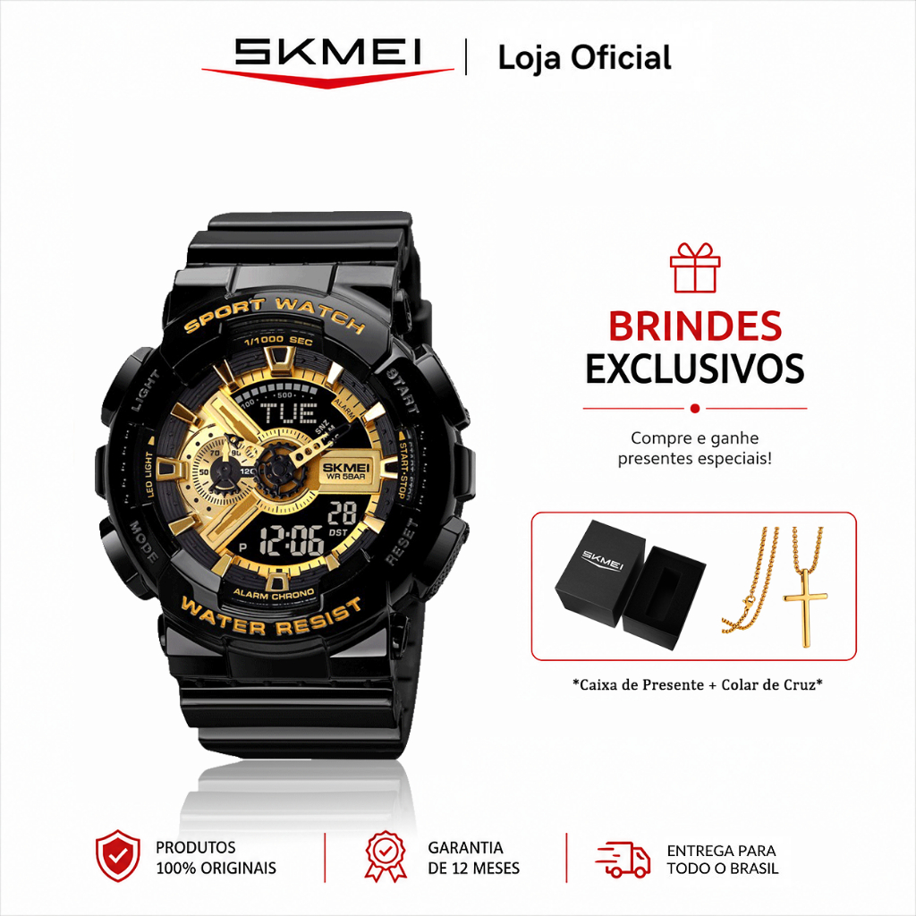 SKMEI Relógio Masculino Analógico Digital Esportivo Grande Dupla Tela Luz LED Cr