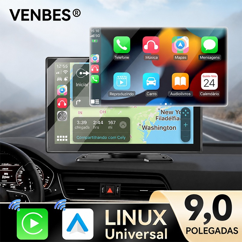 VENBES Carplay Android Auto 9 " Tela Car Multimedia Player 12V Universal Bluetooth Câmera De Backup