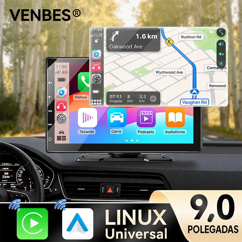 VENBES Carplay Sem Fio Android Auto 9 " Estéreo Para Carro 12-24V Câmera De Backup Bluetooth Universal USB AUX