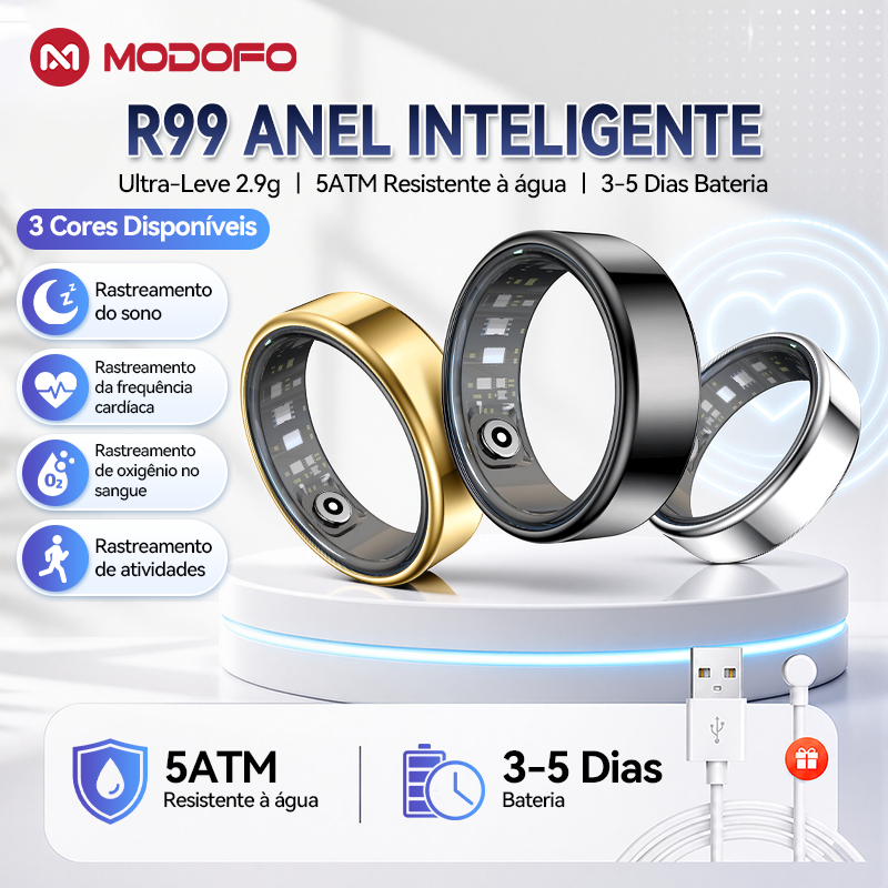 MODOFO Anel Inteligente | Monitor Cardíaco Sono SpO2 App | Smart Ring Ultra Fino 10 Dias Unissex Unissex iOS Android