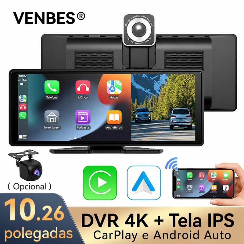 VENBES Carplay Sem Fio Android Auto 10.26 " Jogador De Carro Portátil 4K Dash Cam Tela Dividida Bluetooth