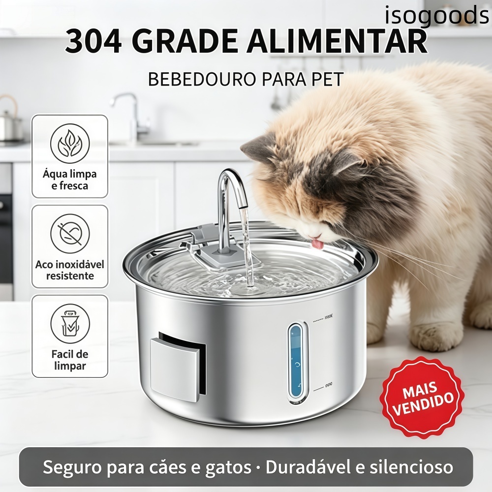 Fonte Água 3L Aço Inox 304 Pet | Silenciosa, Filtro Duplo, USB