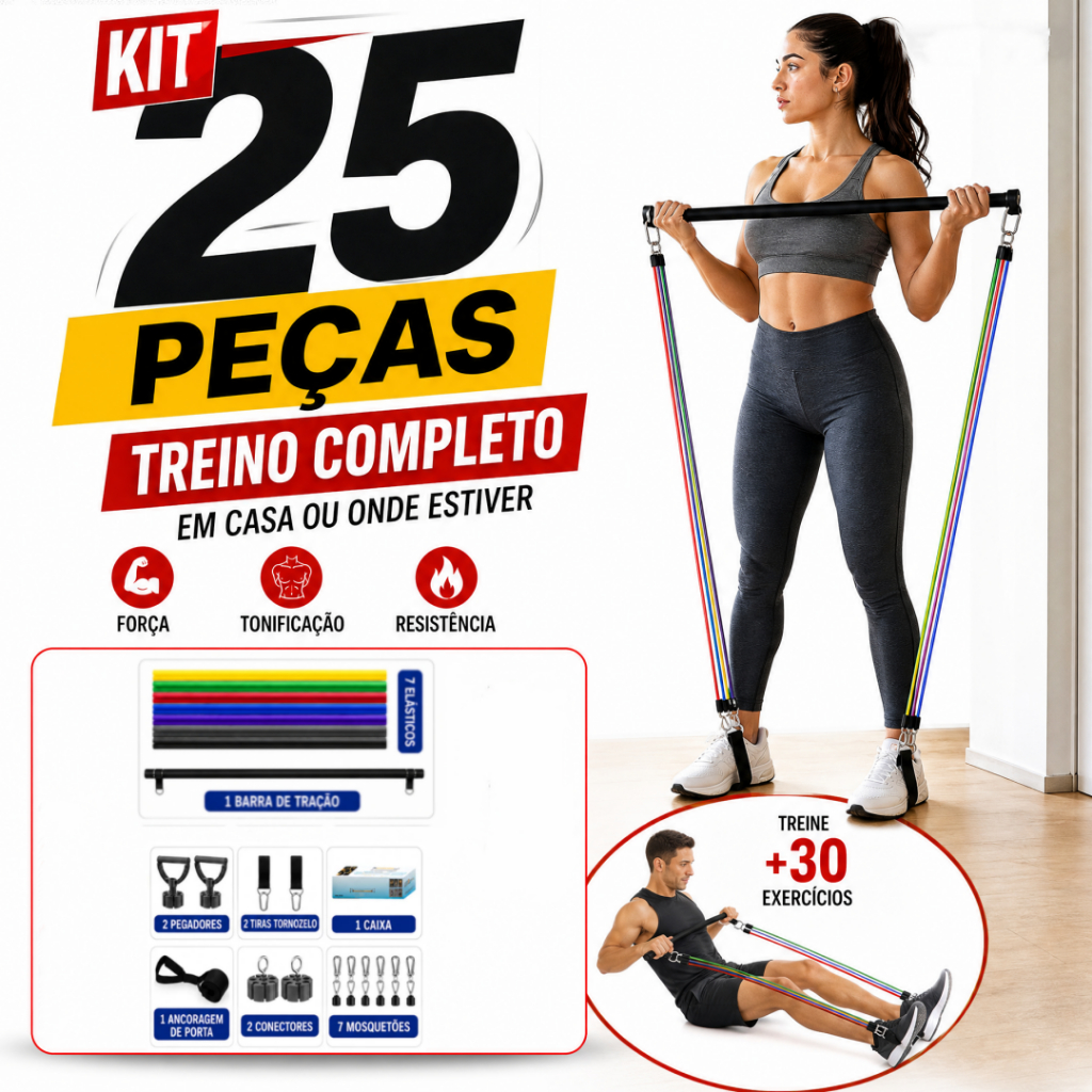 Imagem Kit 25 Itens Treino em Casa: Elásticos Extensor + Barra Pilates + Faixas Mini Band+Acessórios Completos para Musculação