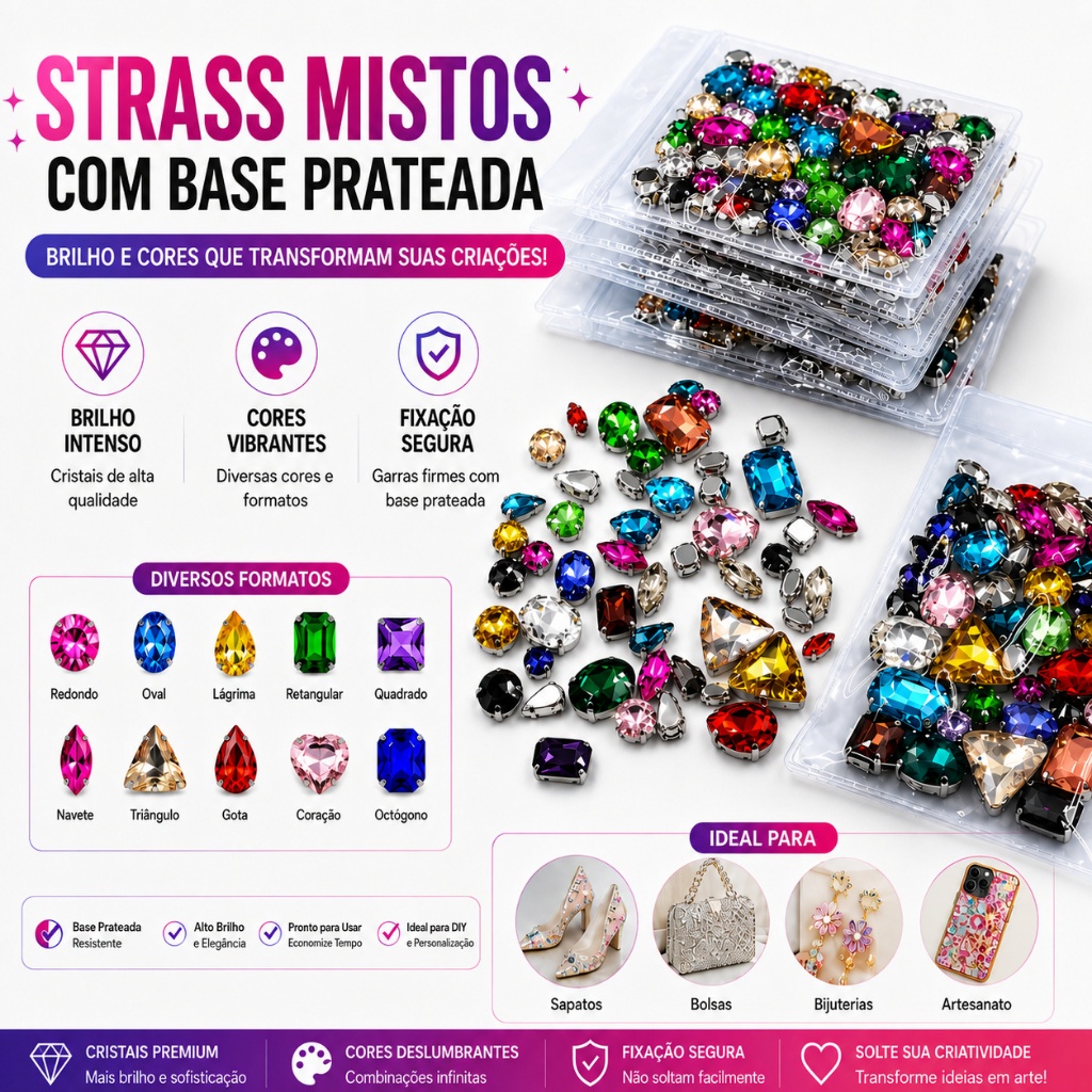 50 Peças Strass de Vidro com Base Prateada Formatos Sortidos para Costura Roupas Vestidos Bijuterias DIY
