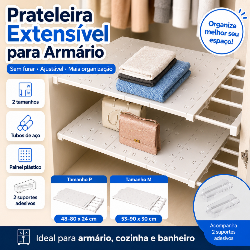 Prateleira Extensível para Armário Sem Furar Ajustável 2 Tamanhos Organizador Branco