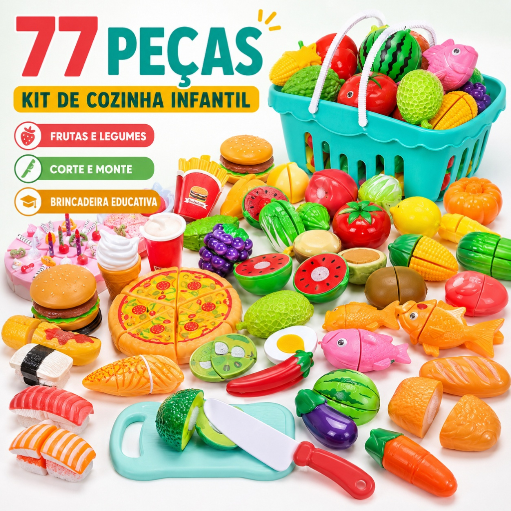 77 Peças Brinquedos Cozinha Infantil Kit Frutas Legumes Simulação Educativo Crianças Presente Brincar Cozinhar Criativo