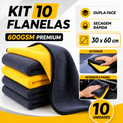 Kit 10 Flanela Microfibra Automotiva 30x60 600GSM Premium Para Lavagem de Carro