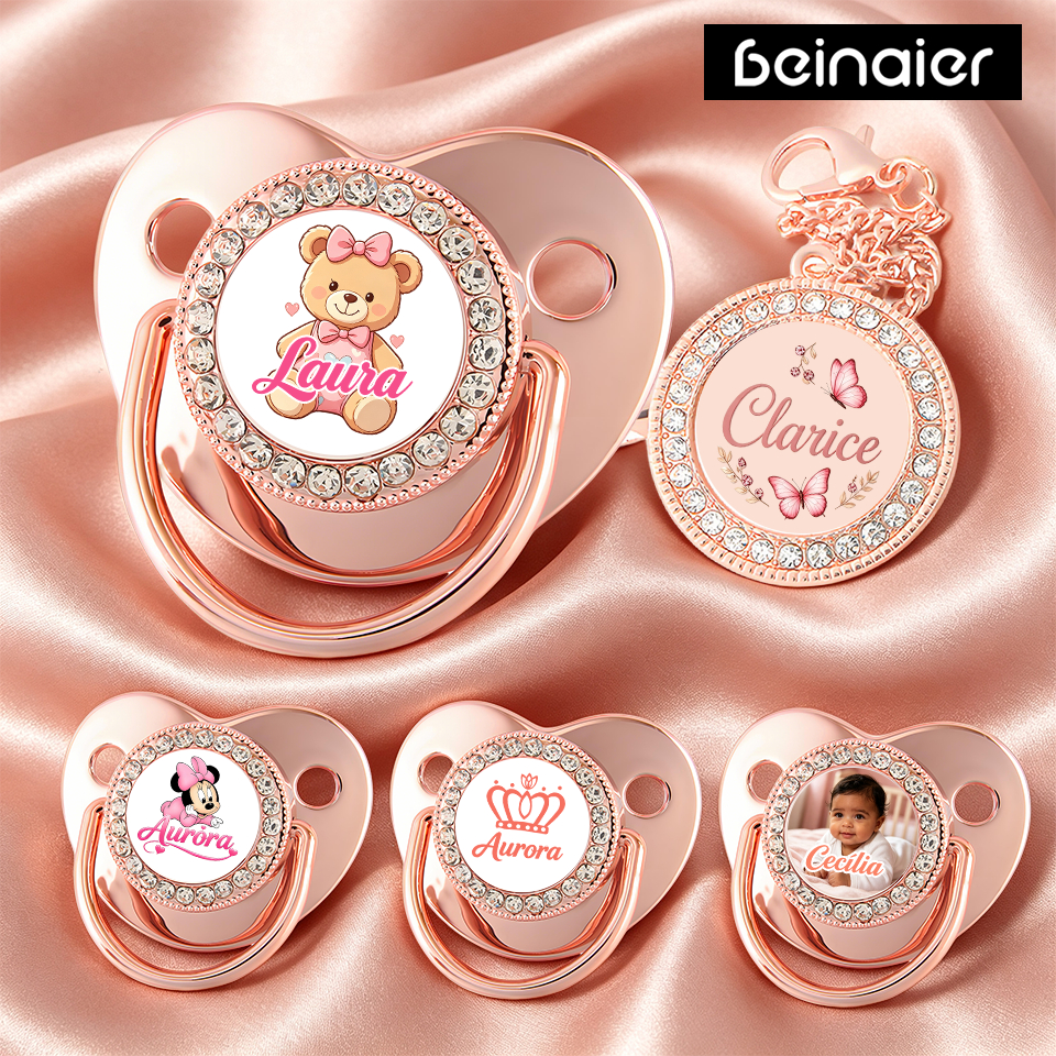 Kit de chupeta de bebê em ouro rosa, pode personalizar o nome do bebê, chupeta de silicone BPA Free