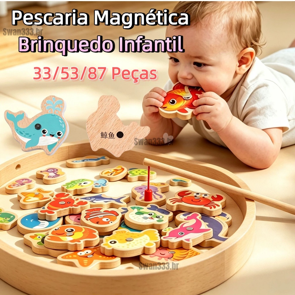 Pescaria Magnética Brinquedos 87/54/33 Peças Crianças Para Bebê 0 a 6 meses | Educacional de Madeira Jogo Montessori