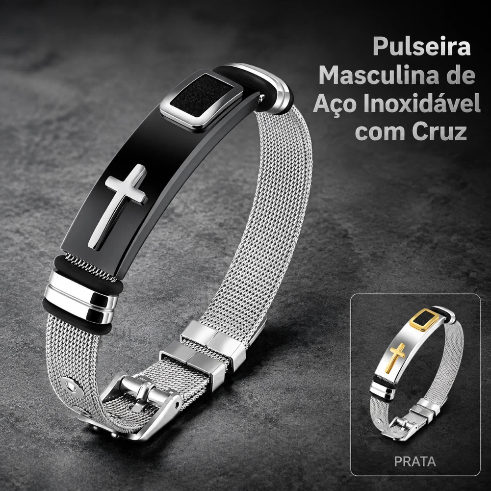 Pulseira Bracelete Masculino Cruz Malha Aço Inoxidável Ajustável Antialérgico Preto Dourado